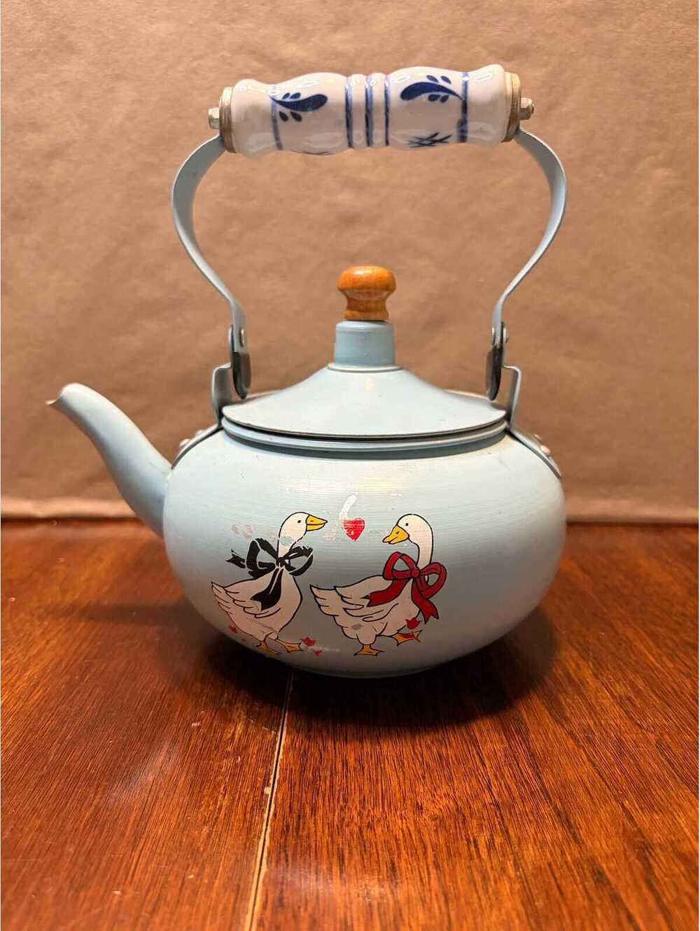 Vintage Blue Enamel Goose Tea Kettle with Ceramic Handle